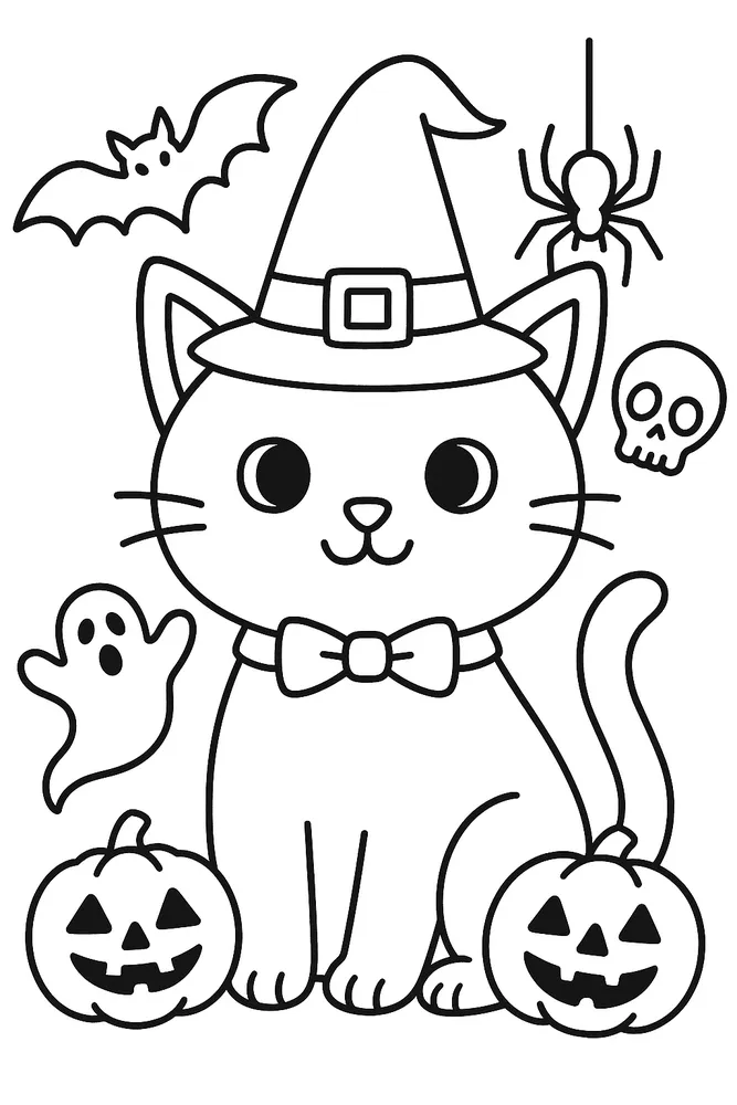 Spooky Halloween Cat with Witch Hat Cat Coloring Pages
