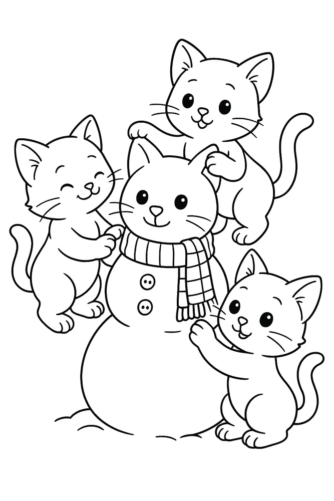 Snowman Fun with Playful Cat Coloring Pages