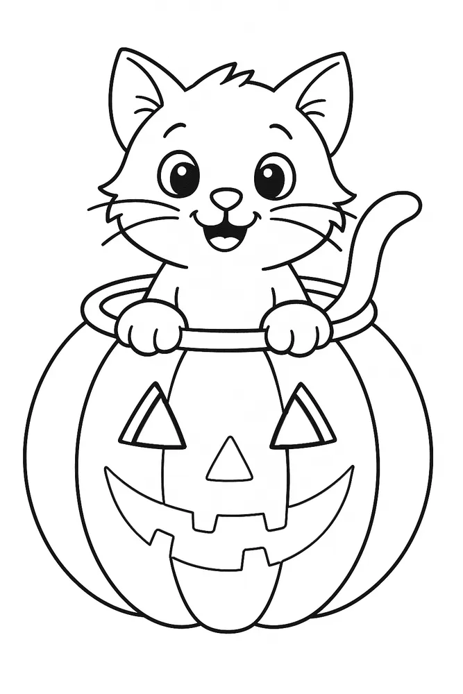 Happy Cat in a Jack-o'-Lantern: Adorable Cat Coloring Pages