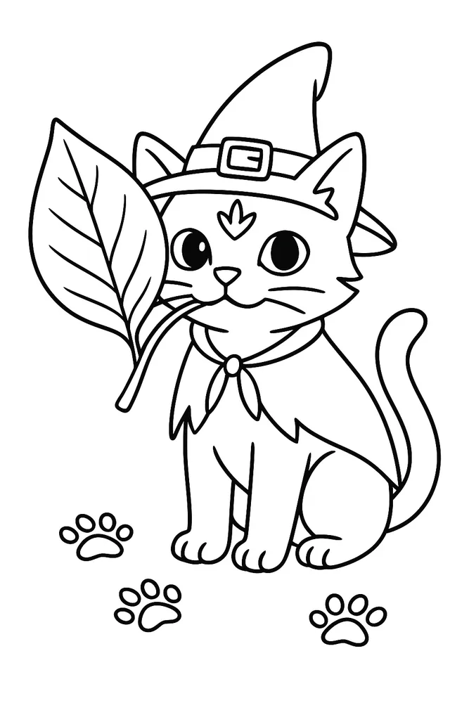 Adorable Witch Cat with Leaf - Cat Coloring Pages