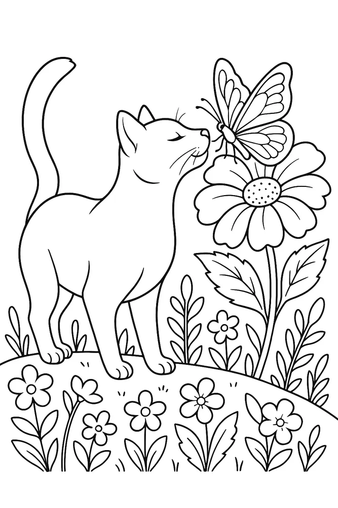 Sweet Cat with Butterfly Fun Cat Coloring Pages