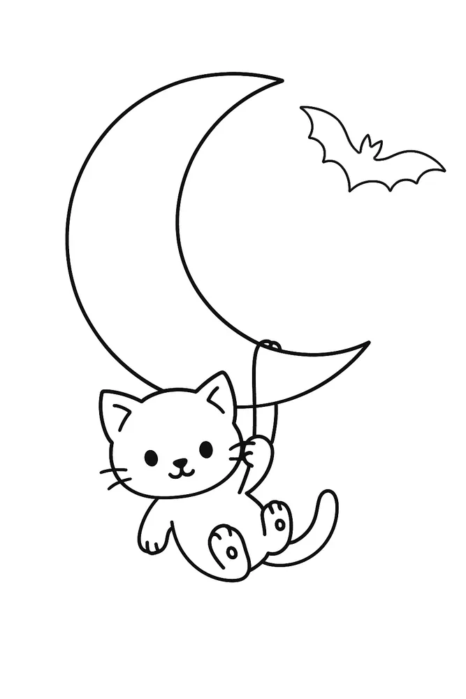 Cute Halloween Moon Cat Coloring Pages