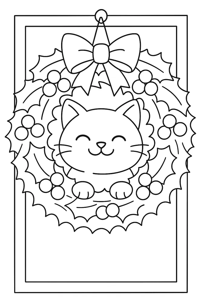 Holiday Wreath Kitty: Adorable Cat Coloring Pages