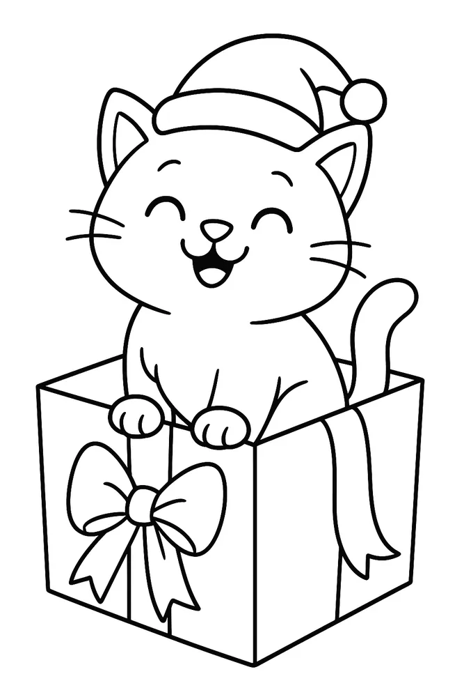 Festive Christmas Gift Cat Coloring Pages