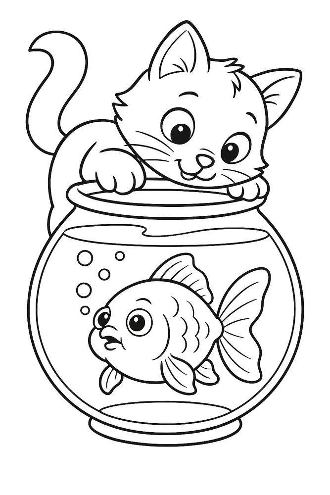 Curious Cat and Fish Bowl Cat Coloring Pages