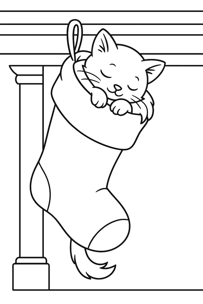 Sleeping Cat in a Christmas Stocking Cat Coloring Pages