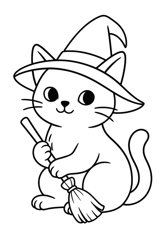 Cute Witch Cat with Broom: Printable Cat Coloring Pages