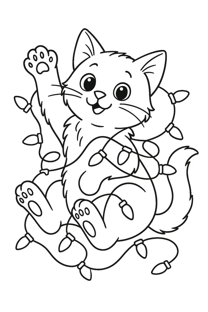 Festive Kitty Fun: Cat Coloring Pages with Holiday Lights
