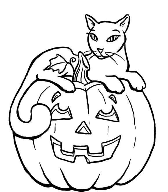 Spooky Cat and Jack-o'-Lantern Fun: Cat Coloring Pages