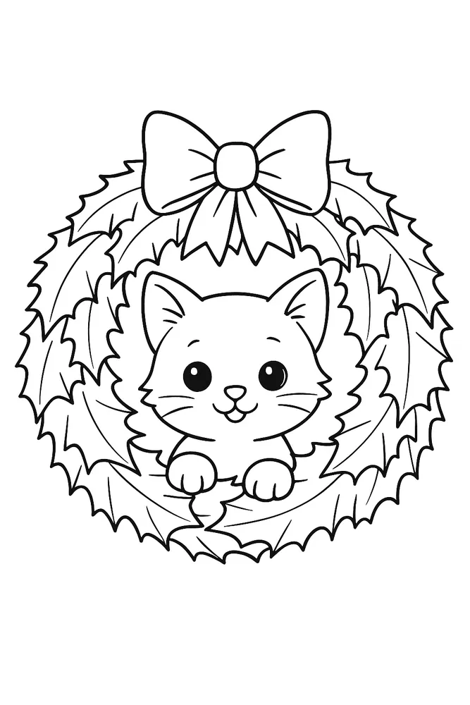 Holiday Wreath Cat Coloring Pages