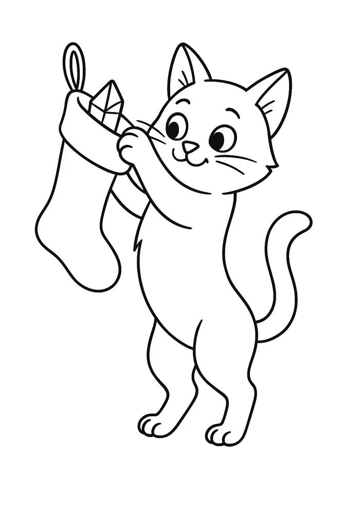 Festive Cat and Christmas Stocking Cat Coloring Pages