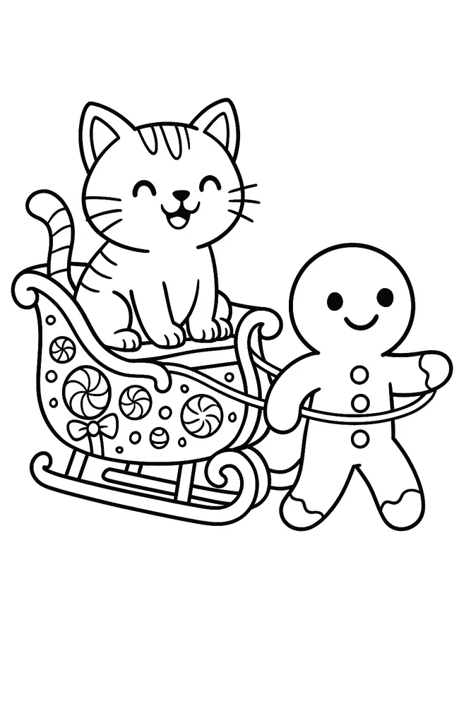 Gingerbread Man Pulling a Sleigh Cat Coloring Pages