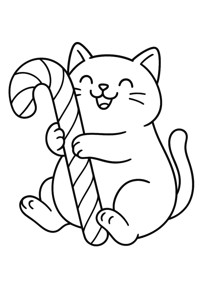 Joyful Candy Cane Cat Coloring Pages