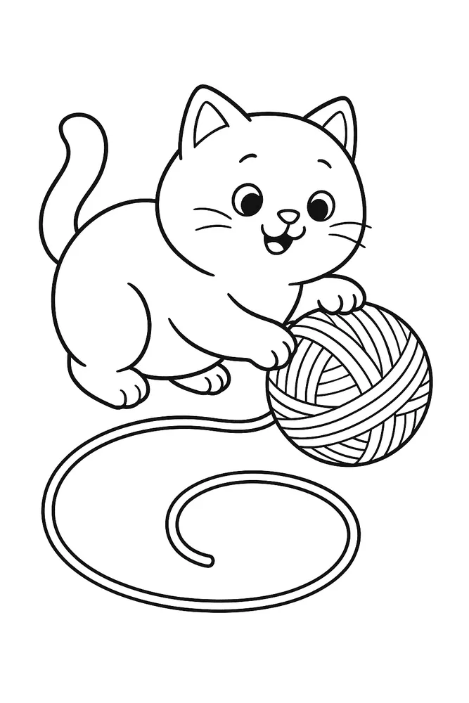 Playful Kitten with Yarn Ball Cat Coloring Pages
