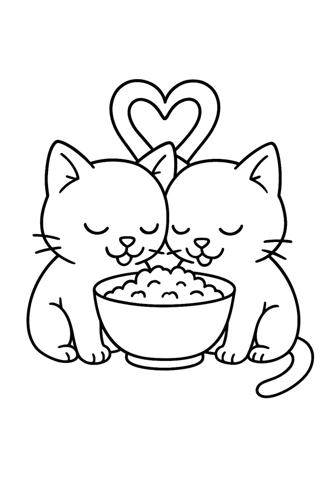 Two Loving Kitties Sharing Food Cat Coloring Pages