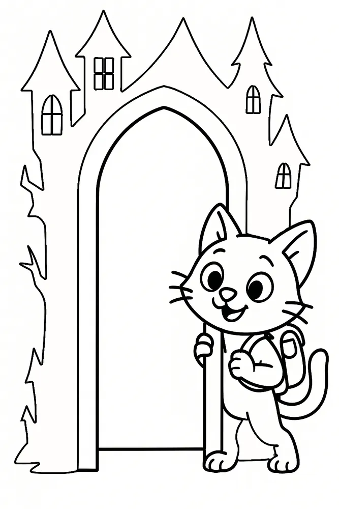 Spooky Doorway Adventure: Cat Coloring Pages