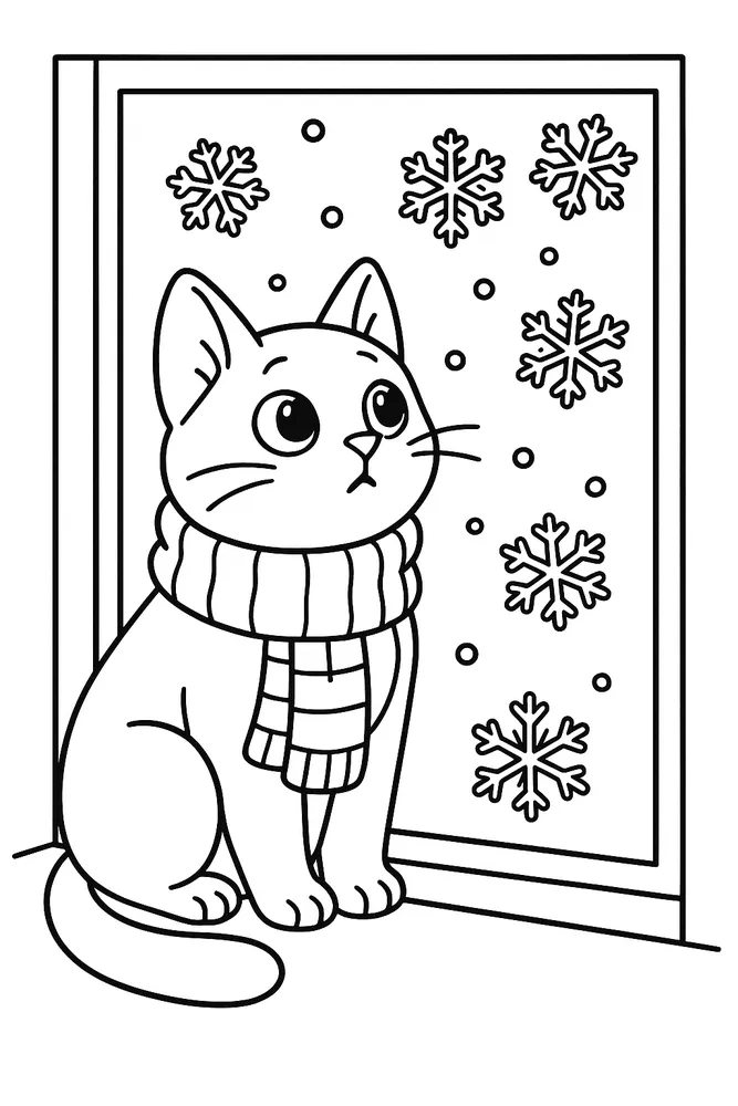 Cozy Winter Scene Cat Coloring Pages