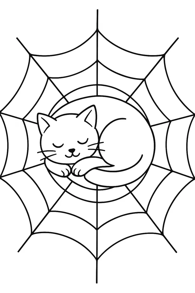 Sleeping Cat on a Web: Halloween Cat Coloring Pages