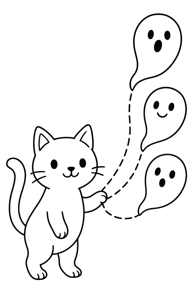 Spooky Ghost Friends Cat Coloring Pages