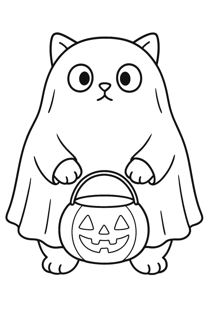 Spooky Ghost Cat with a Pumpkin Bucket Cat Coloring Pages