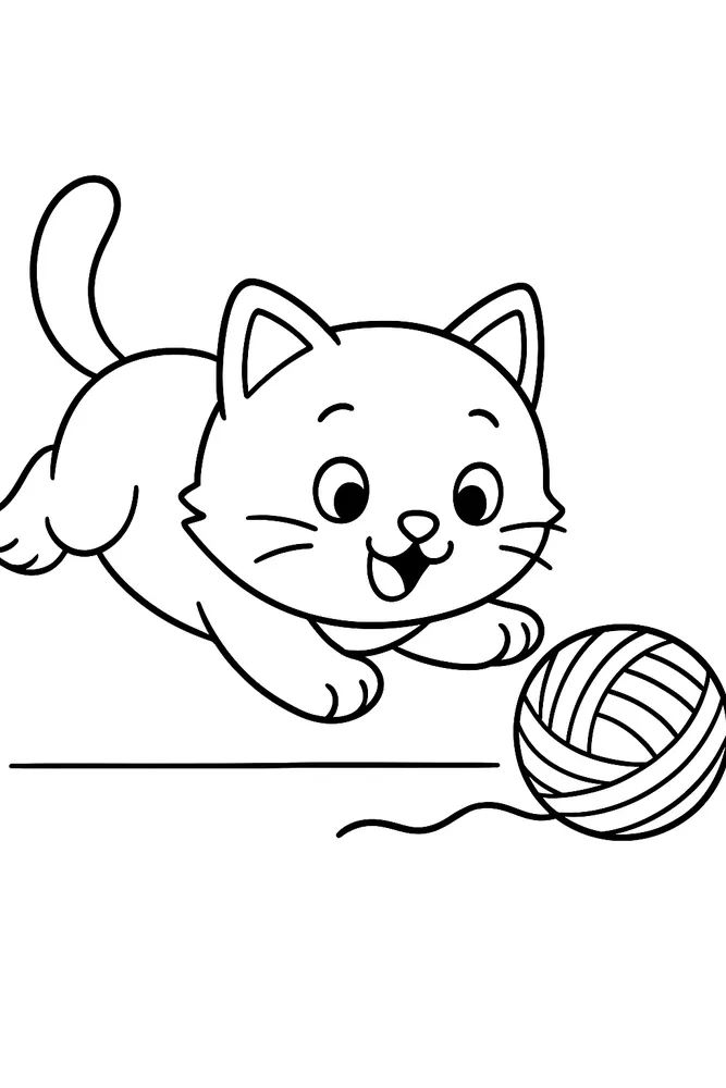 Playful Kitten with Yarn Ball Cat Coloring Pages