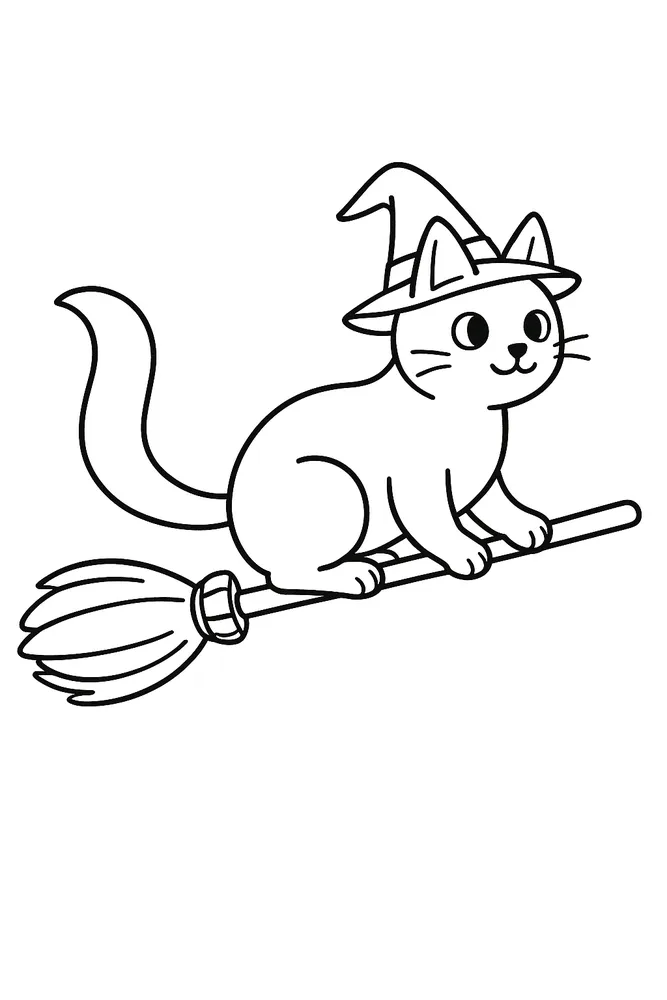 Witch Cat on a Broomstick Cat Coloring Pages