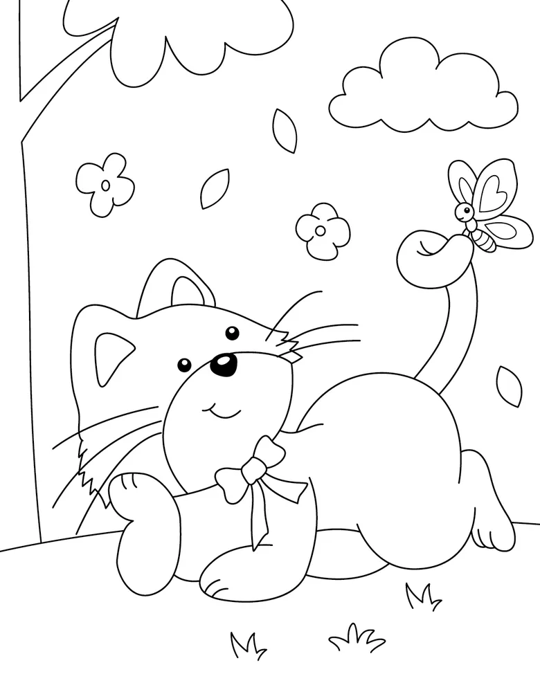 Playful Cat and Butterfly Fun Cat Coloring Pages