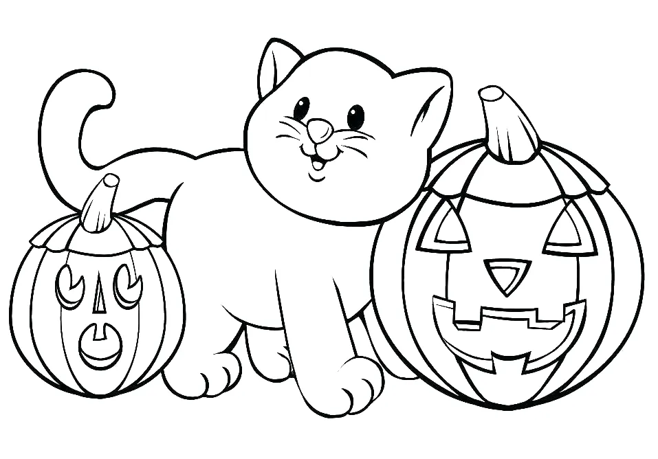Happy Halloween Cat with Pumpkins Cat Coloring Pages
