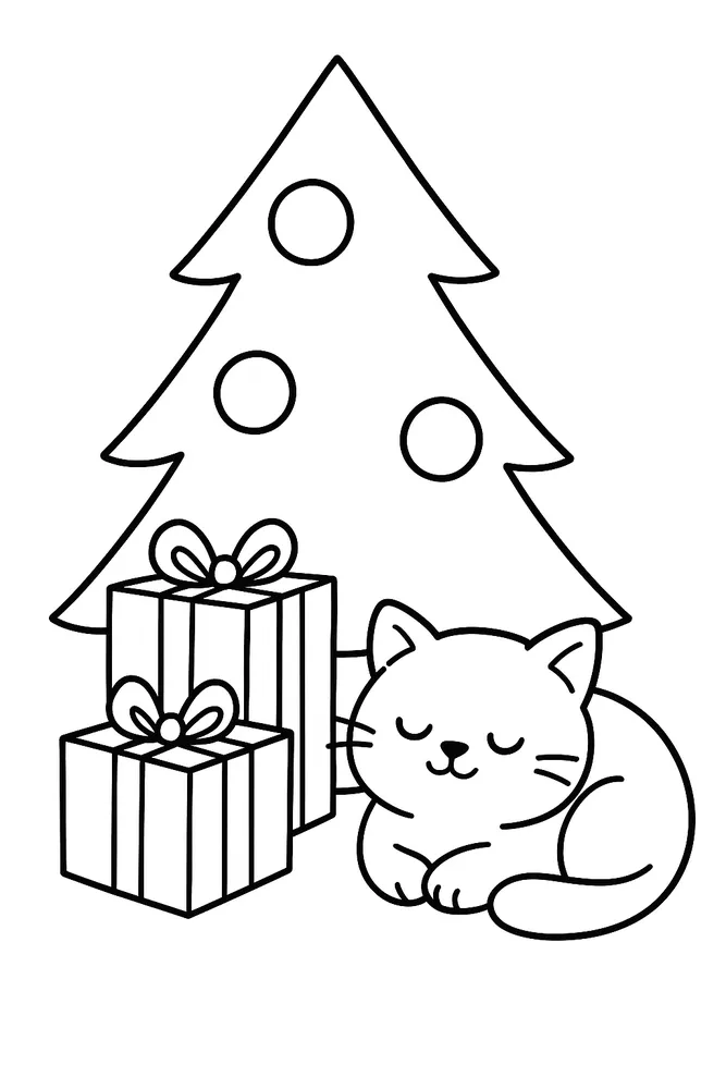 Sleeping Kitten at Christmas Tree Cat Coloring Pages