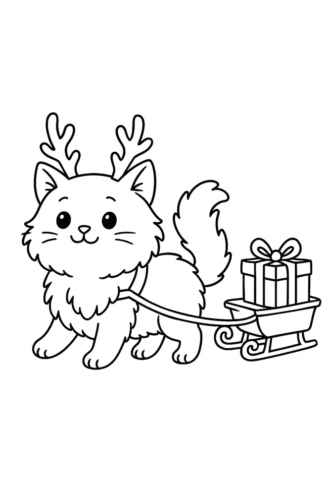 Festive Reindeer Cat with Gifts Cat Coloring Pages