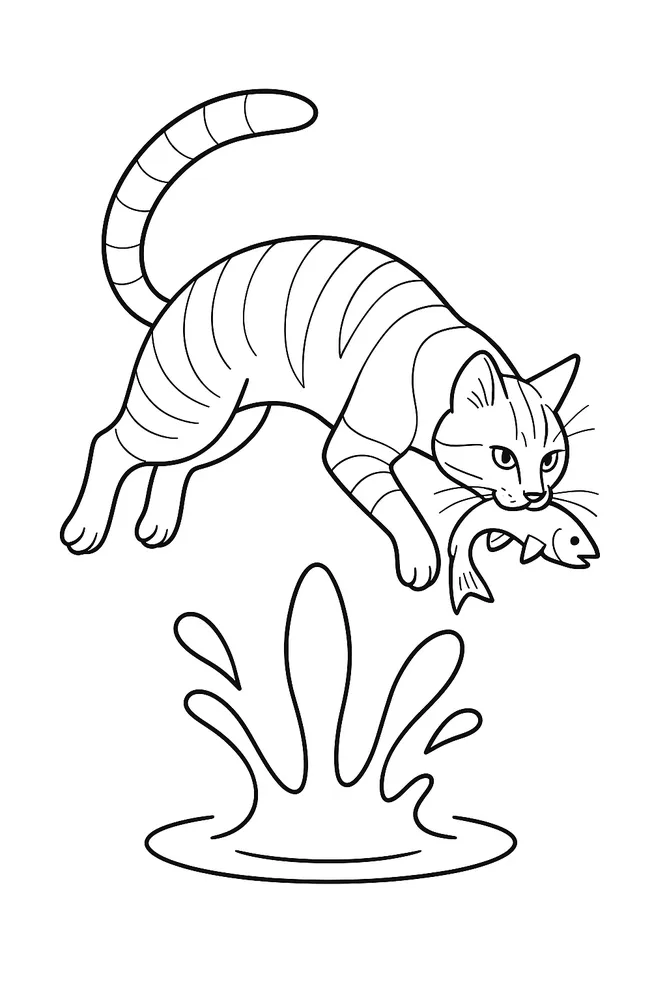 Leaping Cat with Fish: Fun Cat Coloring Pages