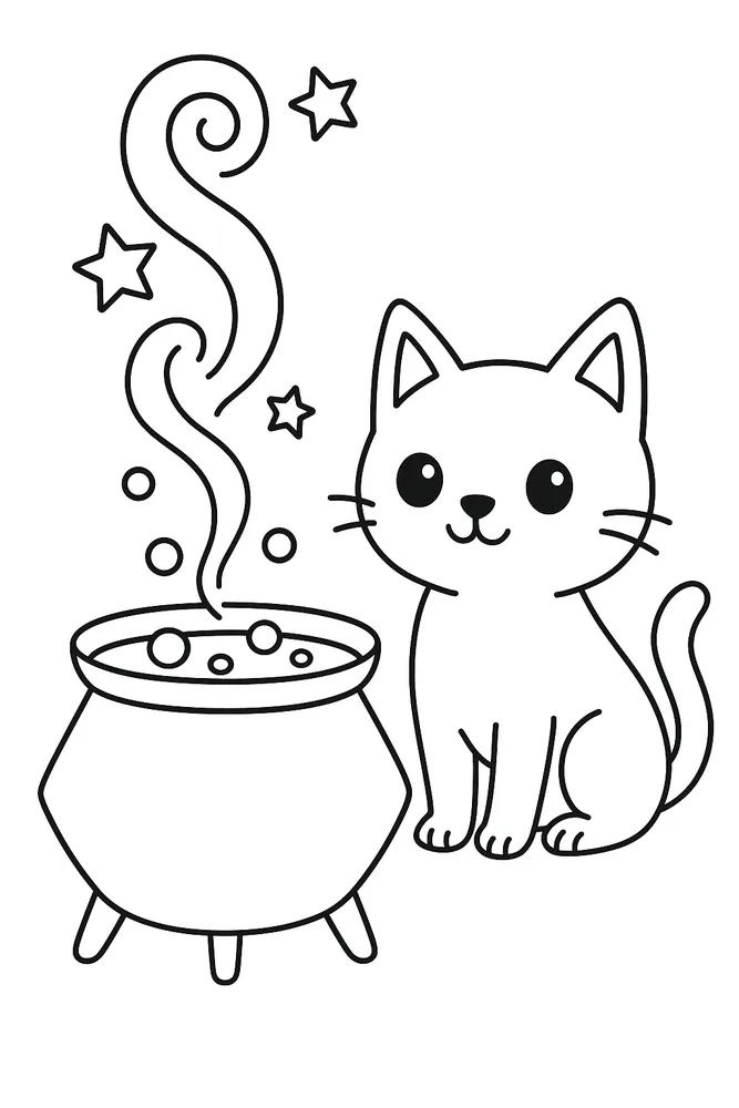 Cute Halloween Cat with Cauldron Cat Coloring Pages