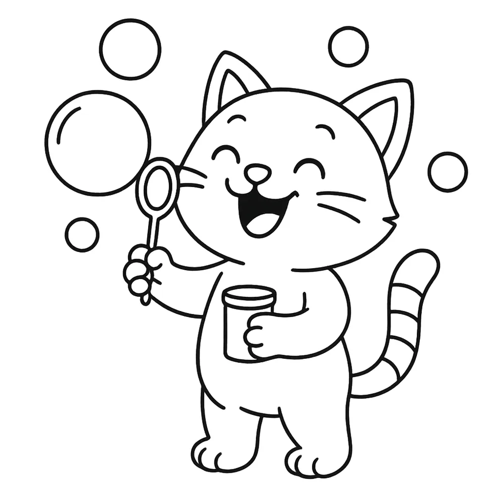 Happy Cat Blowing Bubbles Cat Coloring Pages