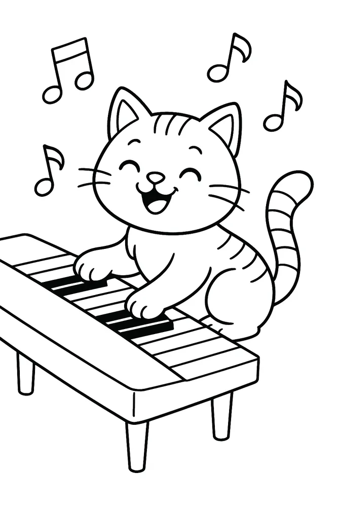 Happy Cat Playing Piano: Delightful Cat Coloring Pages