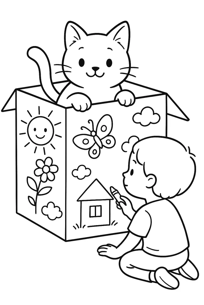 Child and Cat in a Box: Fun Cat Coloring Pages