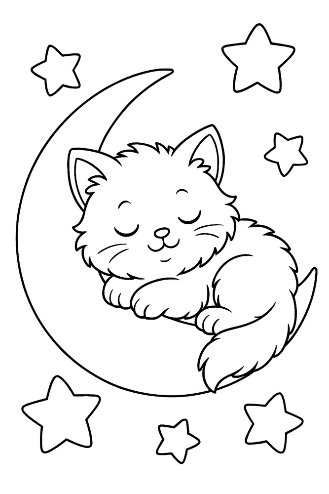 Sleeping Cat on the Moon cat coloring pages